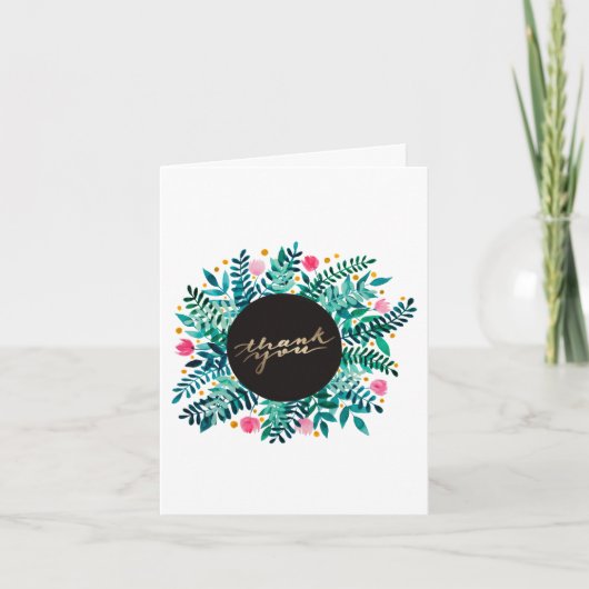 Rosa und grüne Blumen und Blattwerk Danke Karte (Vorderseite)