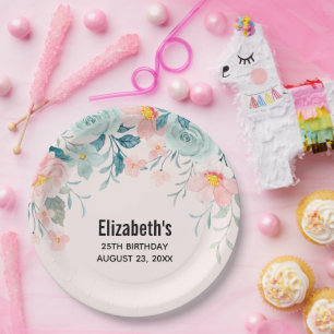 Rosa und grüne Blumenrinde Geburtstag Pappteller