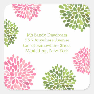 Rosa und grüne Blüten Anschrift Hochzeitsticker fü Quadratischer Aufkleber