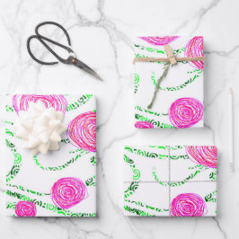 Rosa und grüne Blüten Geschenkpapier Set