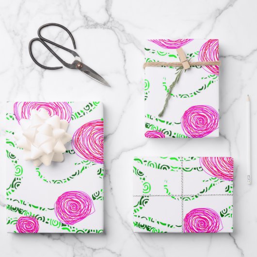 Rosa und grüne Blüten Geschenkpapier Set (Vorderseite)
