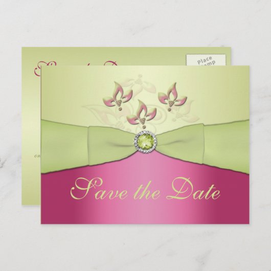 Rosa und grüne Blüten Save the Date Postkarte (Vorne/Hinten)