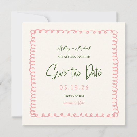 Rosa und grüne, farbenfrohe Square Hochzeit Save The Date (Vorderseite)