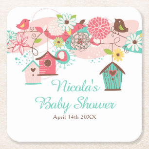 Rosa und grüne florale Vogelkäfige Baby Shower Rechteckiger Pappuntersetzer