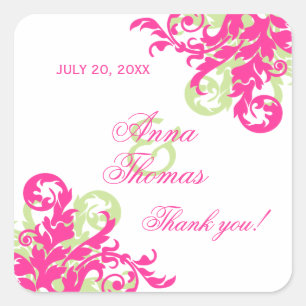 Rosa und grüne Geblüht Gastgeschenk Hochzeit Quadratischer Aufkleber