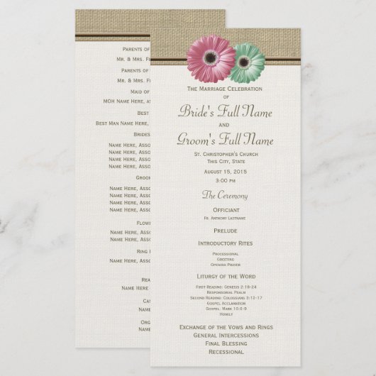 Rosa und grüne Gerbera-Daisy-Hochzeitsprogramm Programm (Vorne/Hinten)