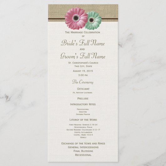 Rosa und grüne Gerbera-Daisy-Hochzeitsprogramm Programm (Vorderseite)