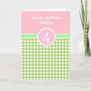 Rosa und grüne Gingham 4. Geburtstagskarte Karte