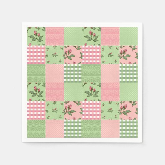 Rosa und grüne Gingham-Patchwork-Papier-Servietten Serviette (Vorderseite)
