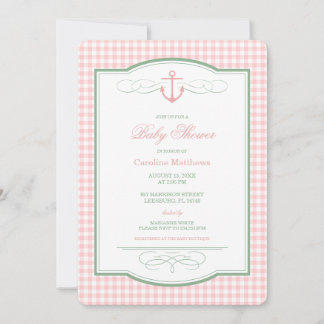 Rosa und grüne Gingham-Preppy-Küsten-Baby-Party Einladung