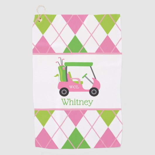 Rosa und grüne Golf Cart Mongram Golf Handtuch (Vorderseite)