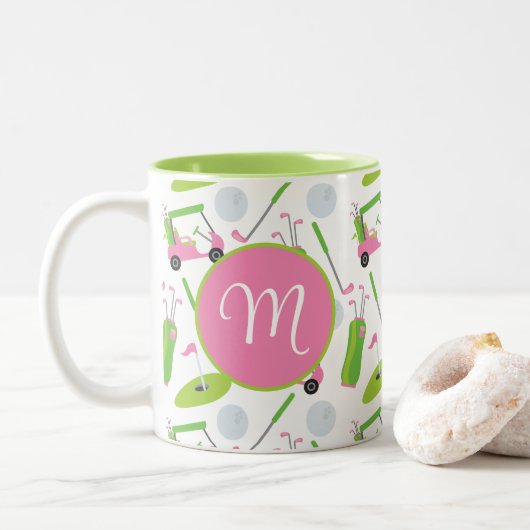 Rosa und grüne Golf Personalisiert Mit Monogramm Zweifarbige Tasse (Mit Donut)