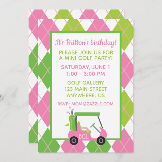 Rosa und grüne Golf Personalisierte Party Einladun Einladung (Vorne/Hinten)