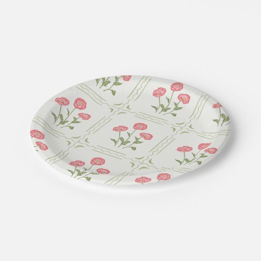 Rosa und grüne helle Mohnblüte Blume Pappteller (Schrägansicht)