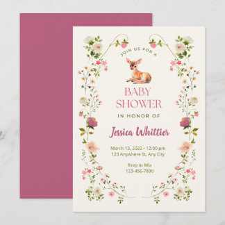 Rosa und grüne Hirsche und florale Babyparty-Einla Einladung