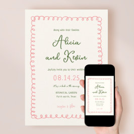 Rosa und grüne Hochzeit mit Handzeichen Einladung