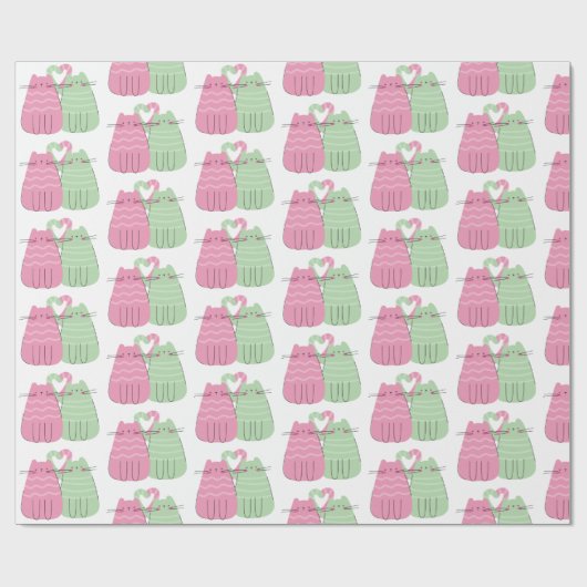 Rosa und grüne Hochzeitskatzen Liebe Geschenkpapier (Flach)