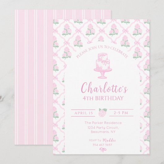 Rosa und grüne Hortensien-Terrasse mit Schleifen Einladung (Vorne/Hinten)