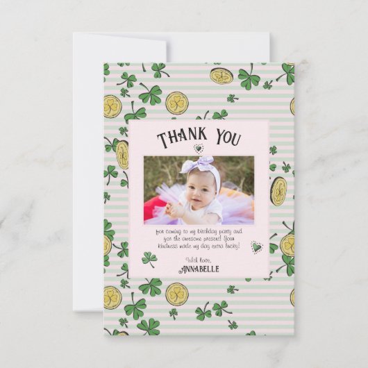 Rosa und grüne irische Kleeblätter und Münzen Gebu Dankeskarte (Vorderseite)