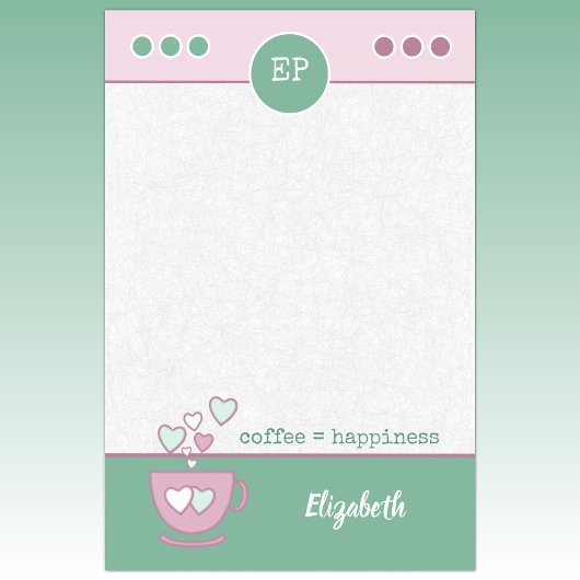 Rosa und grüne Kaffeetasse mit Namen Post-it Klebezettel