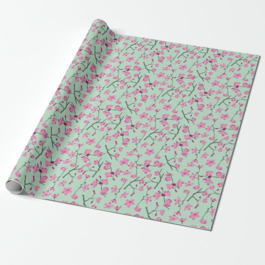 Rosa und grüne Kirschblossom-Blume Geschenkpapier (Ungerollt)