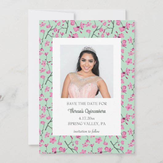 Rosa und grüne Kirschblüte Save the Date Einladung (Vorderseite)