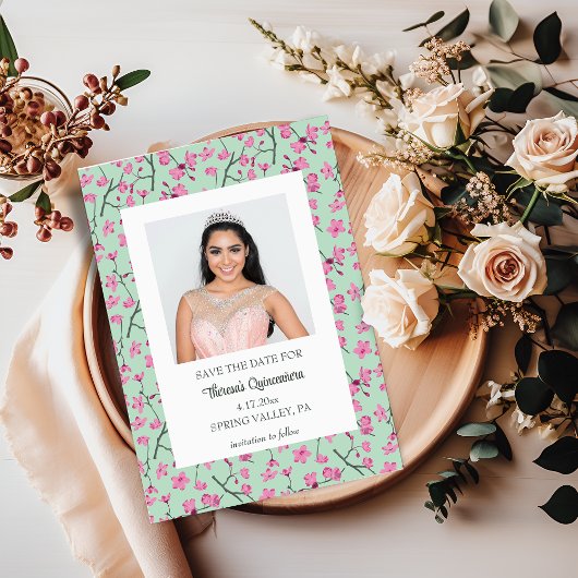 Rosa und grüne Kirschblüte Save the Date Einladung