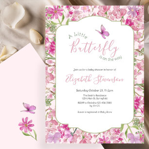 Rosa und grüne kleine Schmetterling Blumen Baby Sh Einladung
