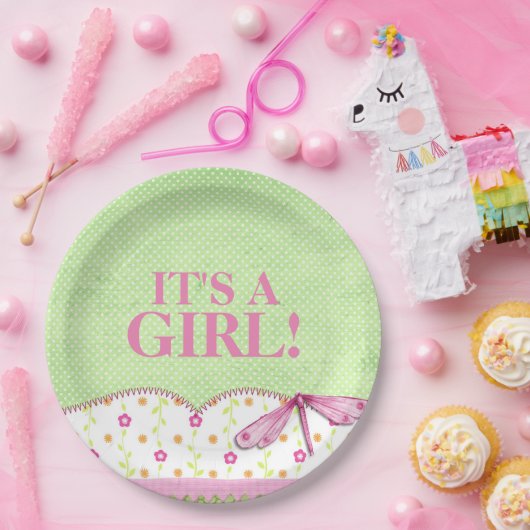 Rosa und grüne Libellen-Babyparty Pappteller (Party)