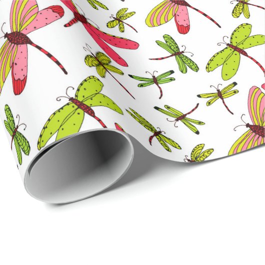 Rosa und grüne Libellen Geschenkpapier (Rolleneckpunkt)