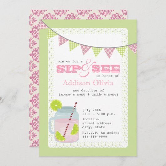 Rosa und grüne Limonade u. Limoner Sip + Sehen Sie Einladung (Vorne/Hinten)