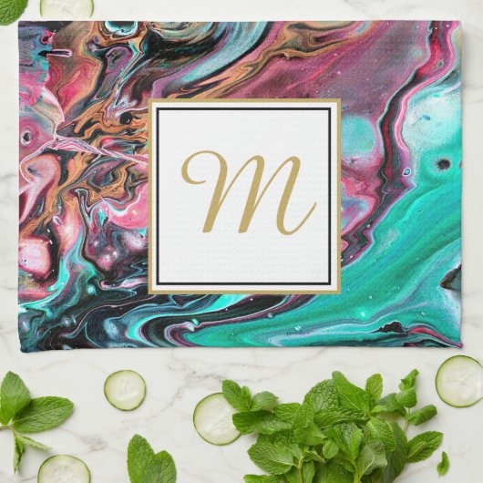 Rosa und grüne Marmor-Monogramm Geschirrtuch (Gefaltet)