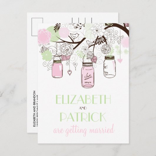 Rosa und grüne Mason Jars Save the Date Postkarte (Vorne/Hinten)