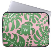 Rosa und grüne Mit Monogramm Monstera-Blätter Laptopschutzhülle (Vorderseite)