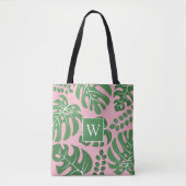 Rosa und grüne Mit Monogramm Monstera-Blätter Tasche (Vorderseite)