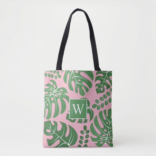 Rosa und grüne Mit Monogramm Monstera-Blätter Tasche (Vorderseite)