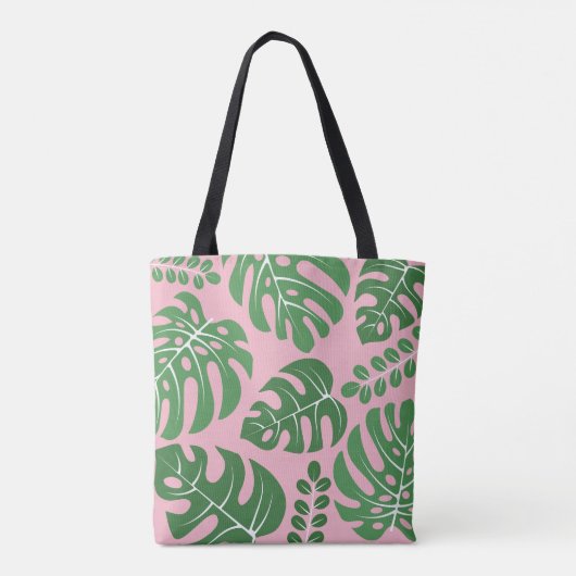 Rosa und grüne Mit Monogramm Monstera-Blätter Tasche (Rückseite)
