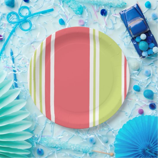 Rosa und grüne moderne Streifen Pappteller (Party)