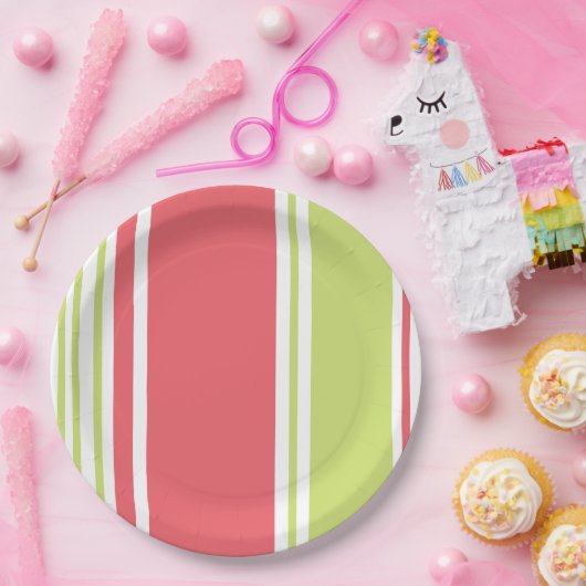 Rosa und grüne moderne Streifen Pappteller (Party)