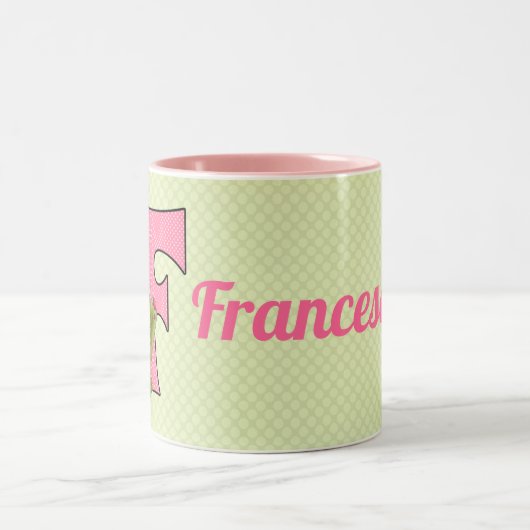 Rosa und grüne Monogramm Buchstaben F und Name Kin Zweifarbige Tasse (Mittel)