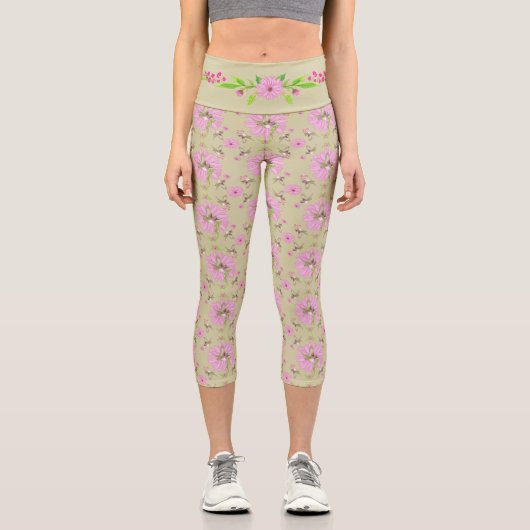 Rosa und grüne Nostalgie, Blütenblüte Capri Leggings (Vorderseite)