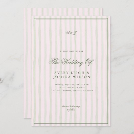 Rosa und grüne Oliven gestreift Elegant Hochzeit Einladung (Vorne/Hinten)