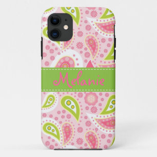 Rosa und grüne Paisley iPhone Monogramm-Gewohnhei 11 Hülle