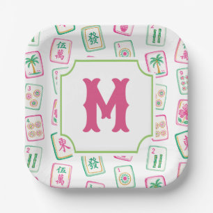 Rosa und grüne Palm Beach Mahjong-Kacheln Monogram Pappteller