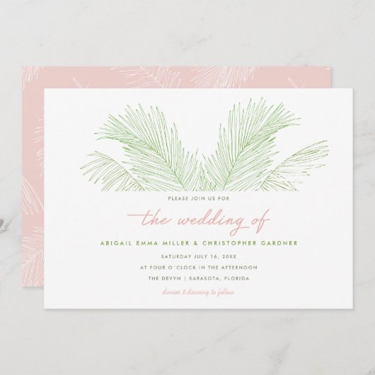 Rosa und grüne Palmen Blätter Tropical Beach Hochz Einladung (Vorne/Hinten)