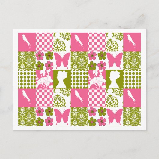 Rosa und grüne Patchworkarbeit Postkarte (Vorderseite)
