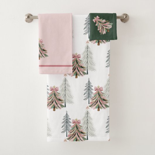 Rosa und grüne Pinselstrich-Weihnachtsbaum Badhandtuch Set (Insitu)