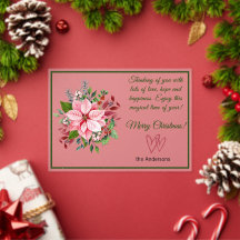 Rosa und grüne Poinsettien-Weihnachtskarte mit Fro