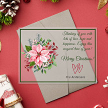 Rosa und grüne Poinsettien-Weihnachtskarte mit Fro