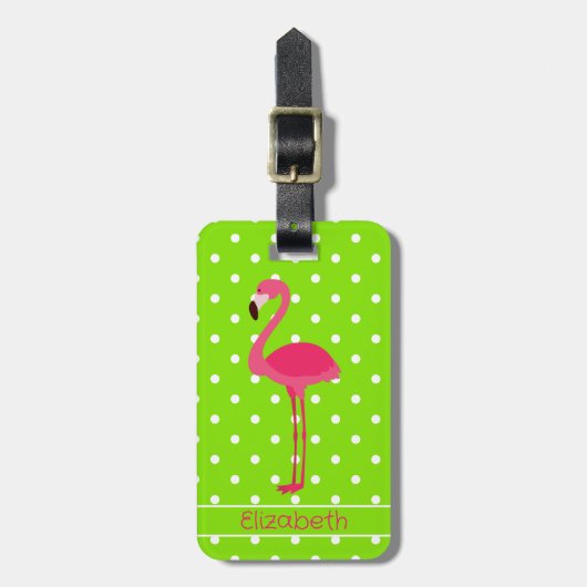 Rosa und grüne Polka Dot Flamingo Personalisiert Gepäckanhänger (Vorderseite vertikal)
